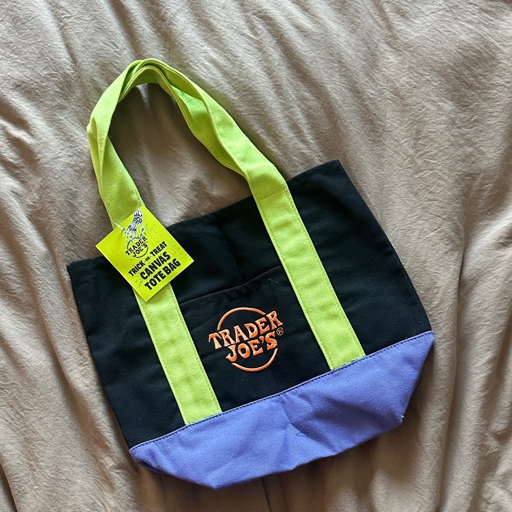 Trader Joe's Color Block Black and Purple Tote Bag with Green Straps